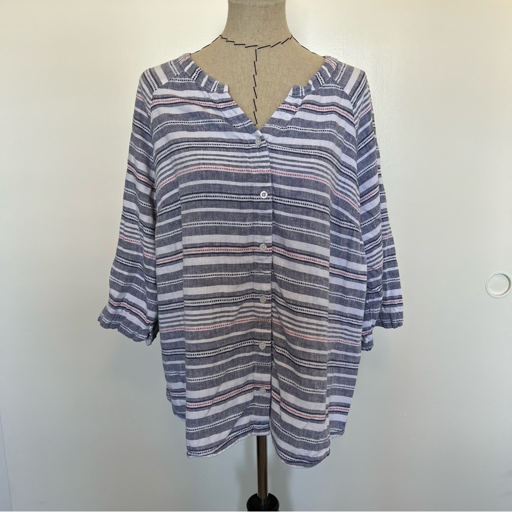 CJ Banks striped white blue red button up